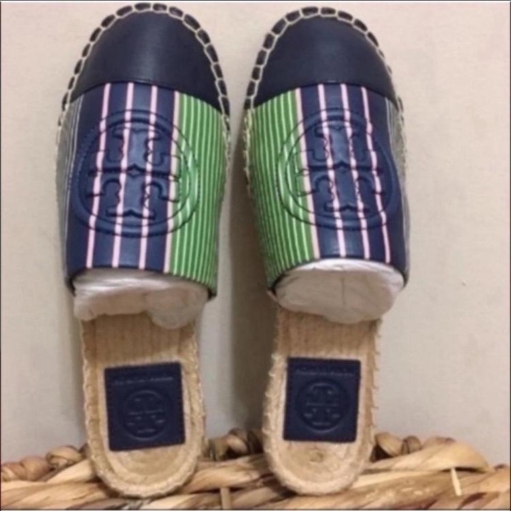 🆕 Striped Navy Espadrille Mule with Pink & Green Accents! 💥 - Picture 4 of 7